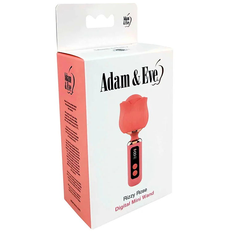 Adam & Eve Rizzy Rose Mini Wand in coral, a rose-shaped vibrator with flexible neck and digital display